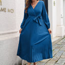 Blue Large Long Sleeve Pleated Wrap Dress with Tie Waist and V-Neckline