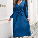 Blue Large Long Sleeve Pleated Wrap Dress with Tie Waist and V-Neckline