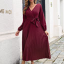 Red Large Long Sleeve Pleated Wrap Dress with Tie Waist and V-Neckline