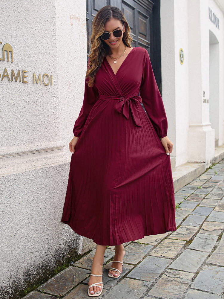 Long Sleeve Pleated Wrap Dress with Tie Waist and V-Neckline