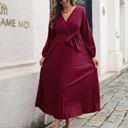 Red Large Long Sleeve Pleated Wrap Dress with Tie Waist and V-Neckline