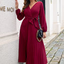 Red Large Long Sleeve Pleated Wrap Dress with Tie Waist and V-Neckline