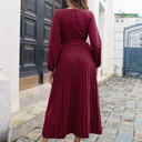 Red Large Long Sleeve Pleated Wrap Dress with Tie Waist and V-Neckline