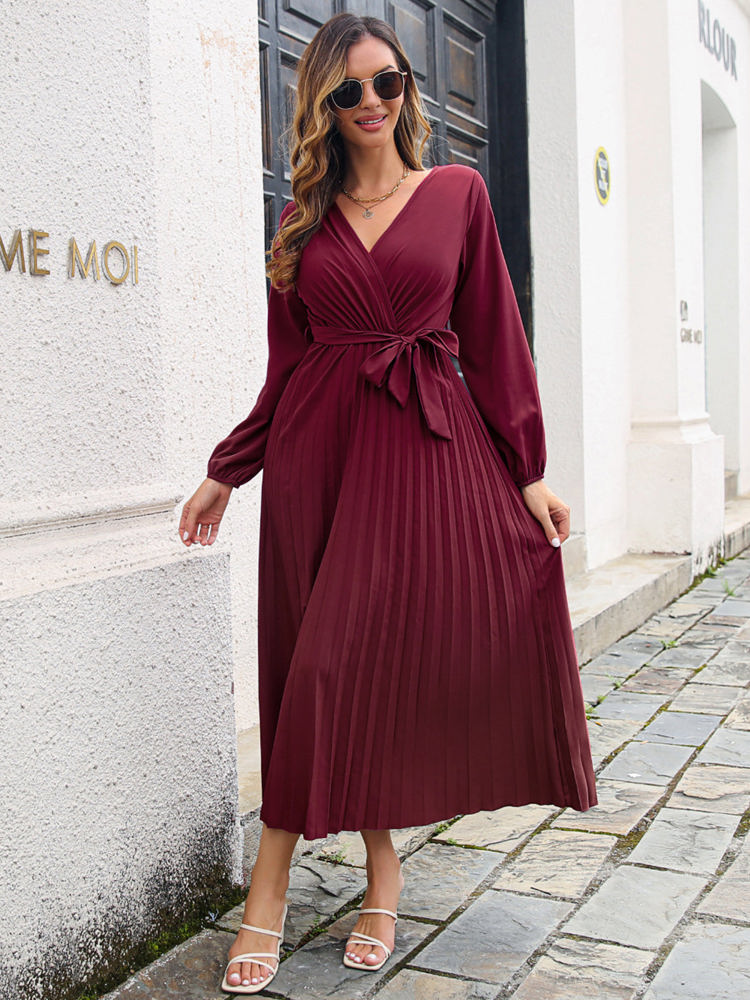 Long Sleeve Pleated Wrap Dress with Tie Waist and V-Neckline