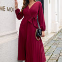  Long Sleeve Pleated Wrap Dress with Tie Waist and V-Neckline