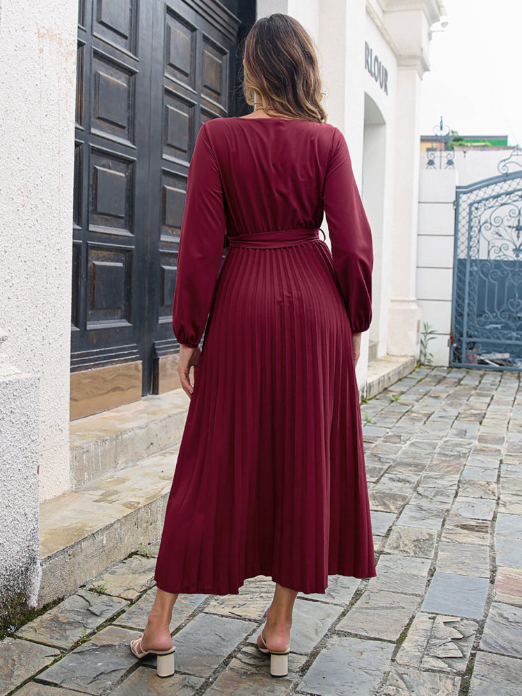 Long Sleeve Pleated Wrap Dress with Tie Waist and V-Neckline