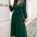 Green Large Long Sleeve Pleated Wrap Dress with Tie Waist and V-Neckline