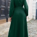 Green Large Long Sleeve Pleated Wrap Dress with Tie Waist and V-Neckline