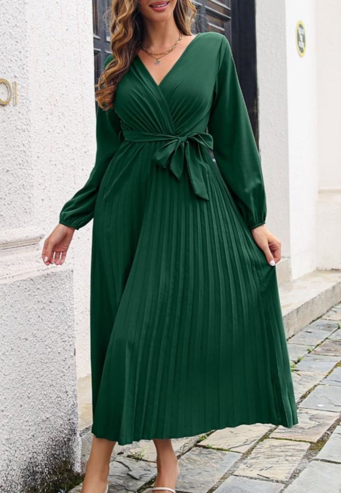 Long Sleeve Pleated Wrap Dress with Tie Waist and V-Neckline