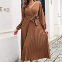 Beige Large Long Sleeve Pleated Wrap Dress with Tie Waist and V-Neckline