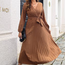 Beige Large Long Sleeve Pleated Wrap Dress with Tie Waist and V-Neckline