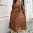 Beige Large Long Sleeve Pleated Wrap Dress with Tie Waist and V-Neckline