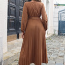 Beige Large Long Sleeve Pleated Wrap Dress with Tie Waist and V-Neckline