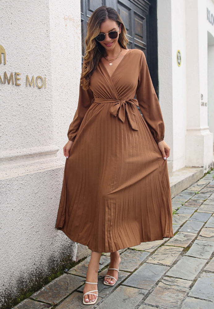 Long Sleeve Pleated Wrap Dress with Tie Waist and V-Neckline