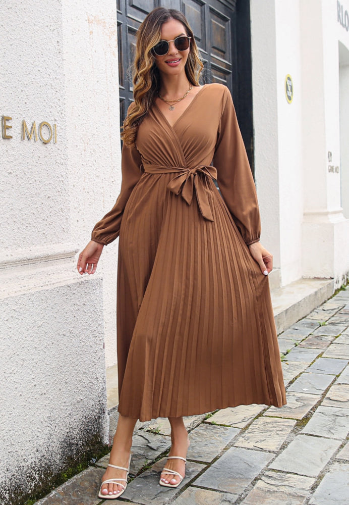 Long Sleeve Pleated Wrap Dress with Tie Waist and V-Neckline