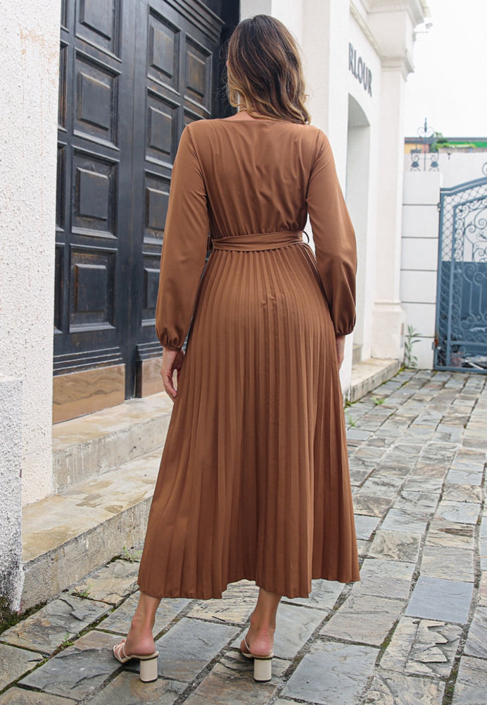 Long Sleeve Pleated Wrap Dress with Tie Waist and V-Neckline