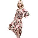  Smocked Chest Square Neck Floral Long Sleeve Midi Dress