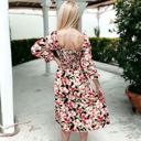  Smocked Chest Square Neck Floral Long Sleeve Midi Dress