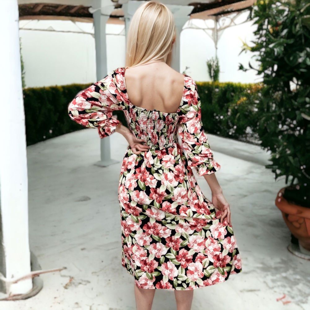 Smocked Chest Square Neck Floral Long Sleeve Midi Dress