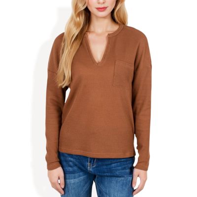 Long Sleeve Waffle Knit Top with Notched Neckline and Chest Pocket