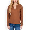  Long Sleeve Waffle Knit Top with Notched Neckline and Chest Pocket