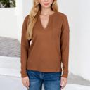  Long Sleeve Waffle Knit Top with Notched Neckline and Chest Pocket