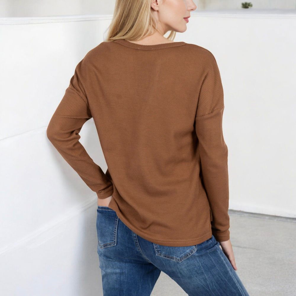 Long Sleeve Waffle Knit Top with Notched Neckline and Chest Pocket