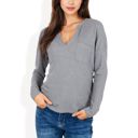 Gray Large Long Sleeve Waffle Knit Top with Notched Neckline and Chest Pocket