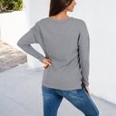 Gray Large Long Sleeve Waffle Knit Top with Notched Neckline and Chest Pocket