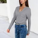 Gray Large Long Sleeve Waffle Knit Top with Notched Neckline and Chest Pocket