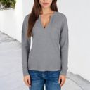 Gray Large Long Sleeve Waffle Knit Top with Notched Neckline and Chest Pocket