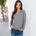 Gray Large Long Sleeve Waffle Knit Top with Notched Neckline and Chest Pocket