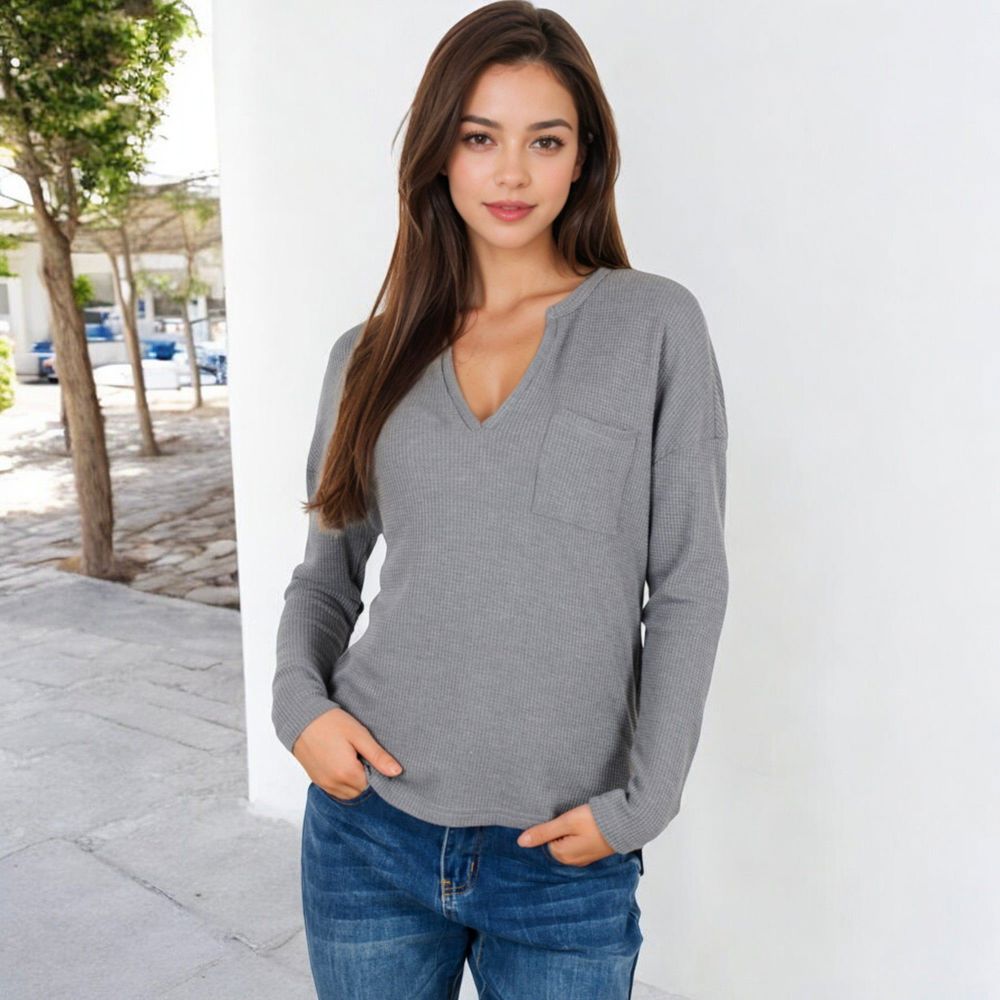 Long Sleeve Waffle Knit Top with Notched Neckline and Chest Pocket