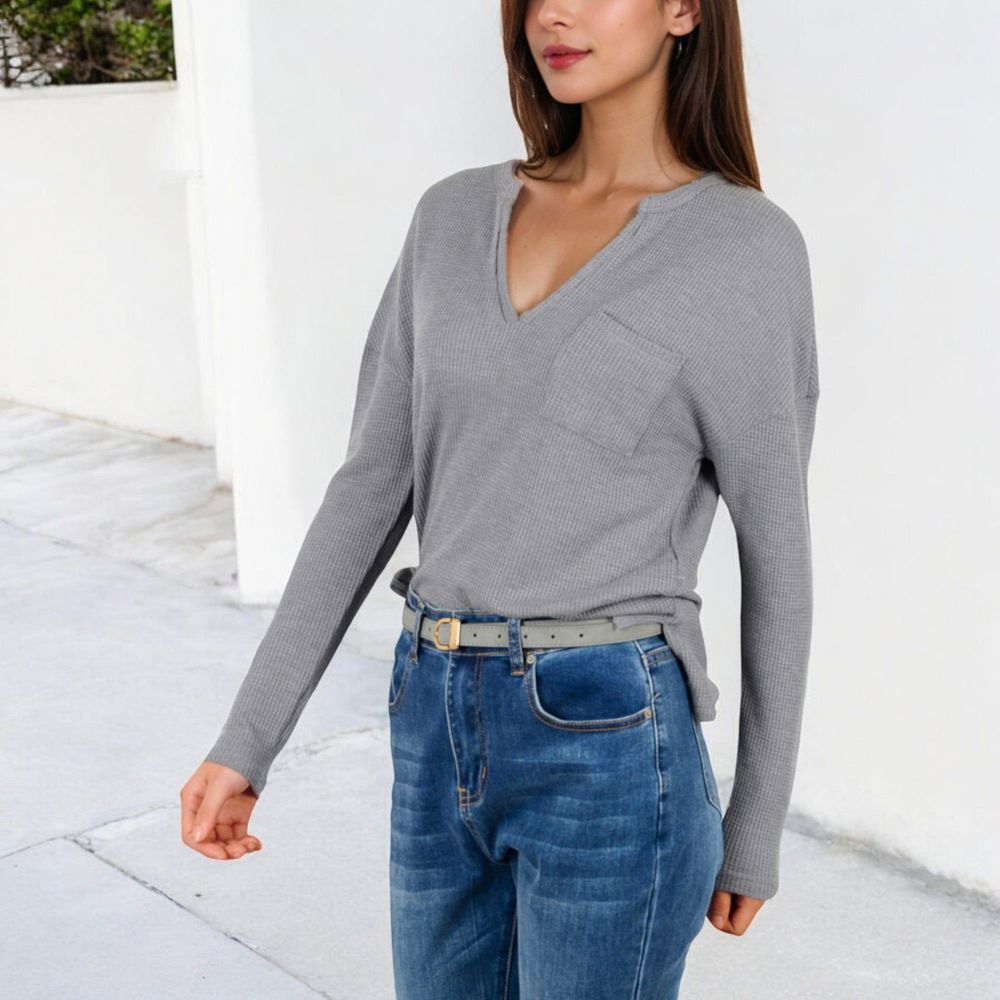 Long Sleeve Waffle Knit Top with Notched Neckline and Chest Pocket