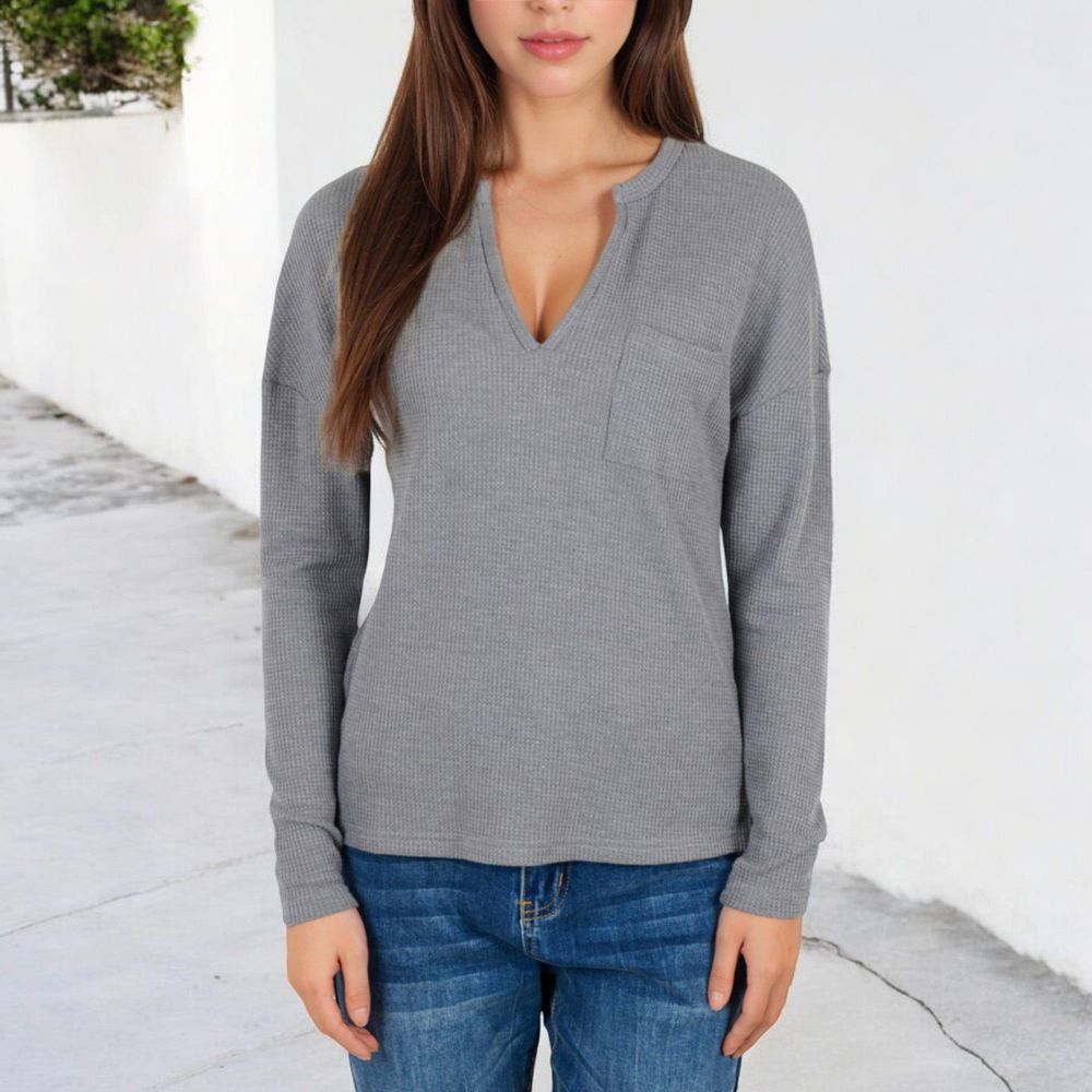 Long Sleeve Waffle Knit Top with Notched Neckline and Chest Pocket