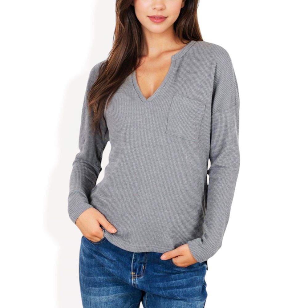 Long Sleeve Waffle Knit Top with Notched Neckline and Chest Pocket