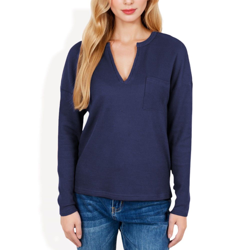 Long Sleeve Waffle Knit Top with Notched Neckline and Chest Pocket