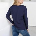 Blue Large Long Sleeve Waffle Knit Top with Notched Neckline and Chest Pocket