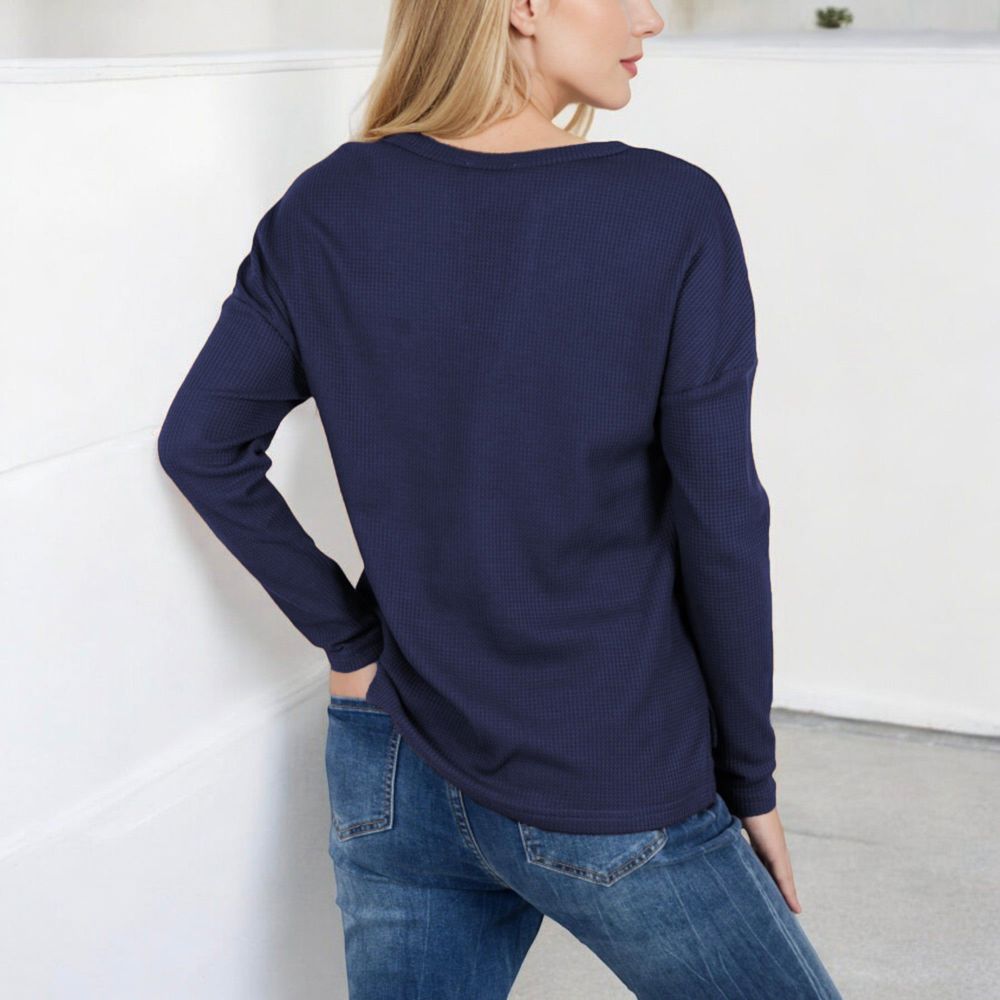 Long Sleeve Waffle Knit Top with Notched Neckline and Chest Pocket