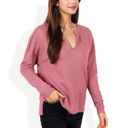 Pink Large Long Sleeve Waffle Knit Top with Notched Neckline and Chest Pocket