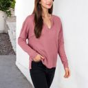 Pink Large Long Sleeve Waffle Knit Top with Notched Neckline and Chest Pocket