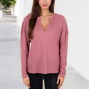 Pink Large Long Sleeve Waffle Knit Top with Notched Neckline and Chest Pocket