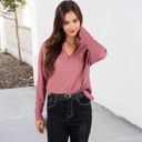 Pink Large Long Sleeve Waffle Knit Top with Notched Neckline and Chest Pocket