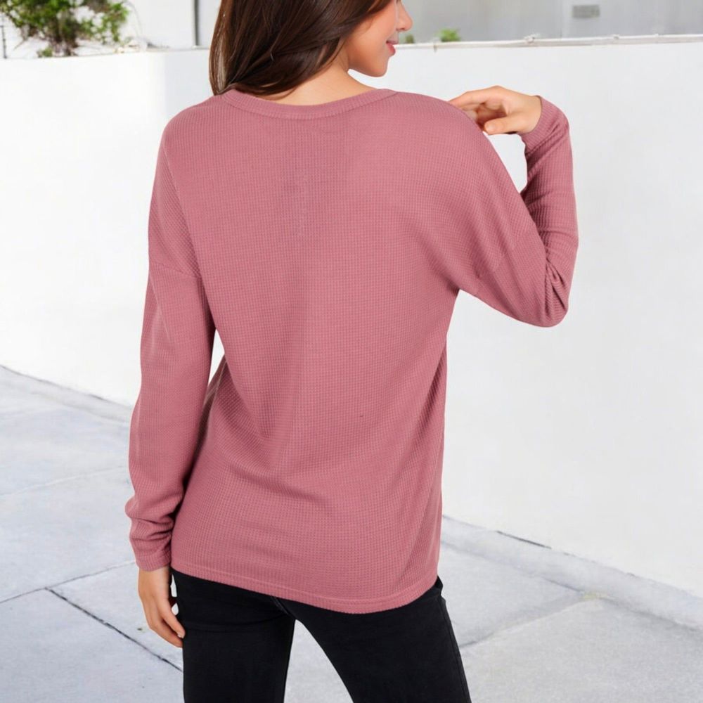 Long Sleeve Waffle Knit Top with Notched Neckline and Chest Pocket