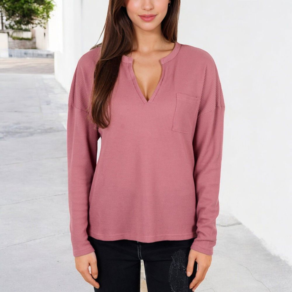 Long Sleeve Waffle Knit Top with Notched Neckline and Chest Pocket