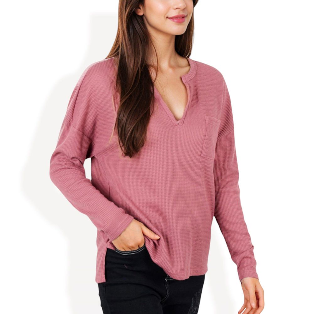 Long Sleeve Waffle Knit Top with Notched Neckline and Chest Pocket