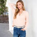 Beige Large Long Sleeve Waffle Knit Top with Notched Neckline and Chest Pocket