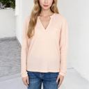 Beige Large Long Sleeve Waffle Knit Top with Notched Neckline and Chest Pocket