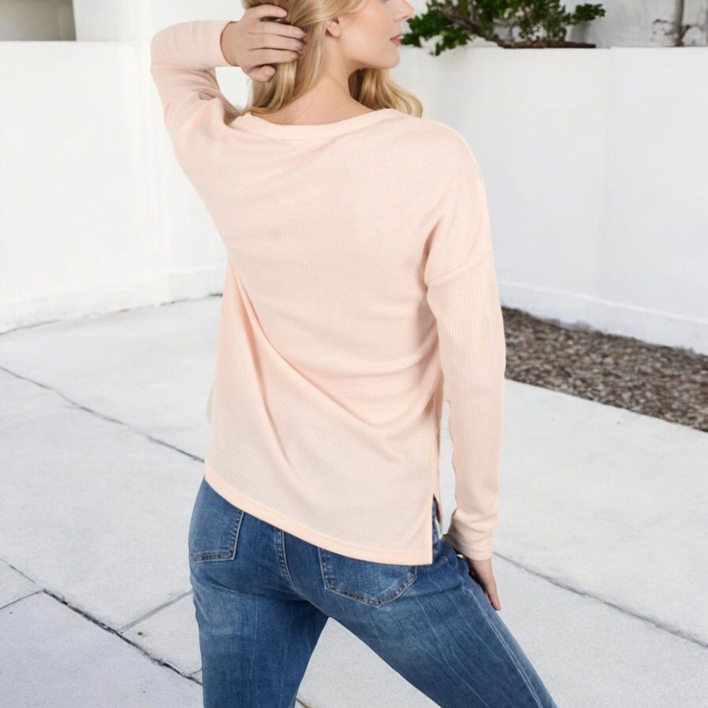 Long Sleeve Waffle Knit Top with Notched Neckline and Chest Pocket