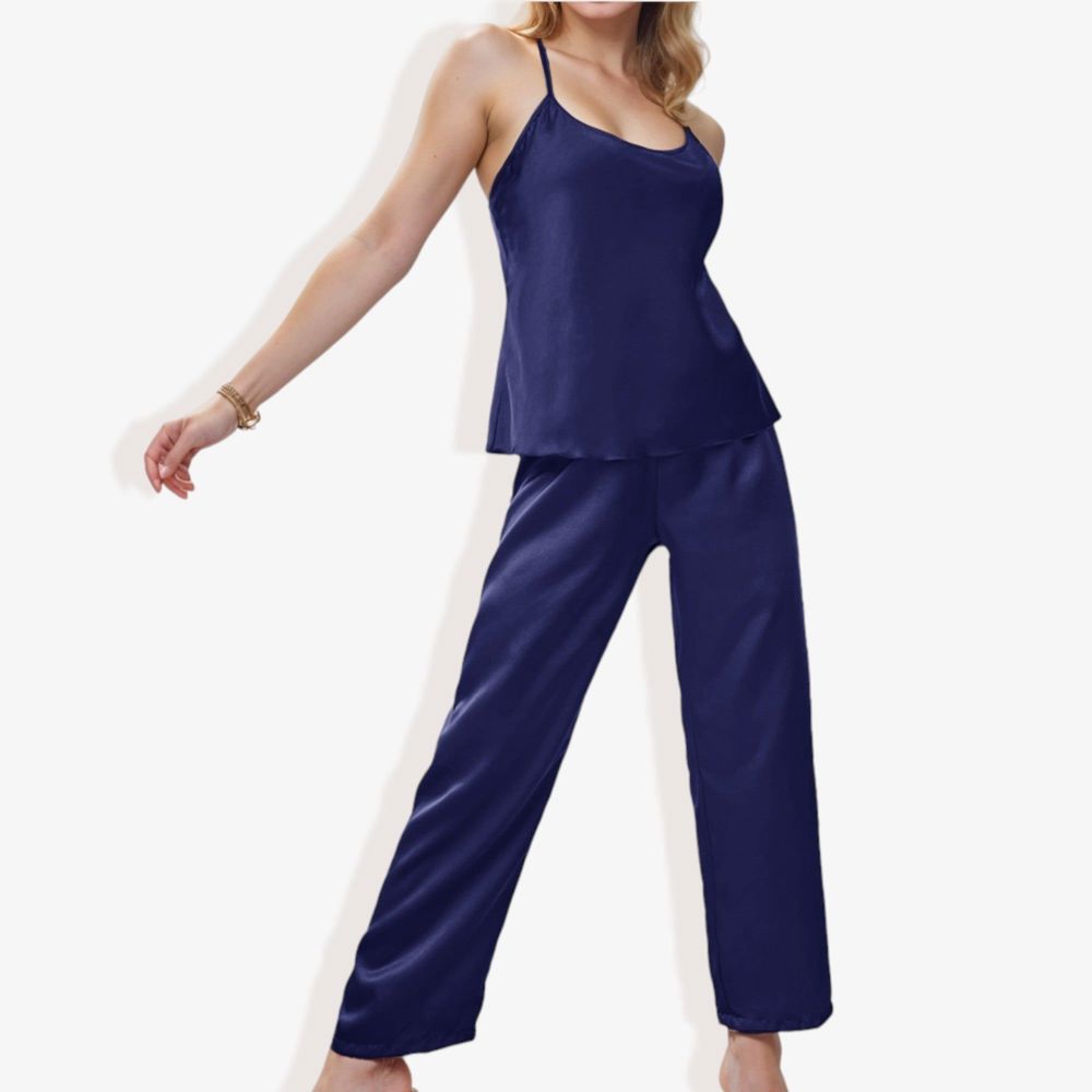 Satin Spaghetti Strap Cami Top with Scoop Neck Elegant Sleeveless Tank Pajama Set for Casual or Nightwear